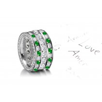 Exceptional: Stacked 3 Emerald & Diamond Halo Band 3.50 cts Size 6