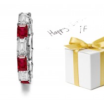 Prong Set Emerald Cut Ruby & Emerald Cut Diamond Wedding Band in Platinum