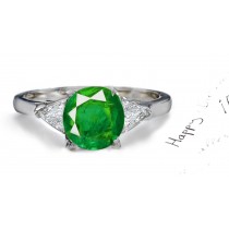 New Designs: Round Emerald & Trillion Diamonds Three-Stone Ring in 14k White Gold & Platinum 