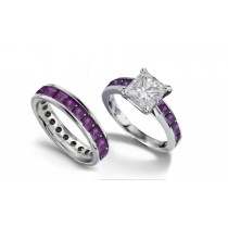 Princess Cut Diamond & Purple Sapphire Engagement Ring & Matching Band