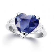 Custom Manufactured Three Stone Heart-Shaped Diamonds & Blue Sapphire Ring