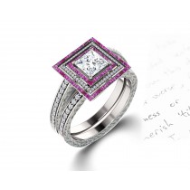 Delicate Micro Pave Halo Vivid Pink Sapphires & Brilliant-Cut Round Diamonds Designer Engagement Rings