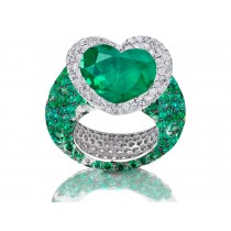 Handcrafted Heart Emerald & Micro Pave Diamond Halo Ring