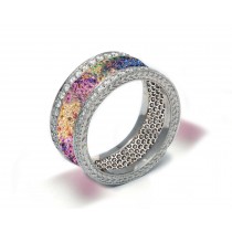 Delicate Women's Eternity Rings Featuring Multi-Colored Diamonds and Gemstones in Halo Precision Micro pave Settings