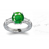 Exquisite: Richly Created Three Stone Round Emerald & Bullet Shape Diamond Halo Eternirty & Anniversary Ring
