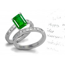 Fine Green Emerald Cut Emerald with Parallel Lines & Square Cut Diamond Accent Ring & Band