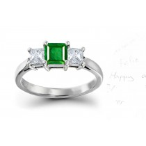 "Vibrant" 3 Stone Square Natural Emerald & Princess Cut Diamond Popular Fashionable Ring