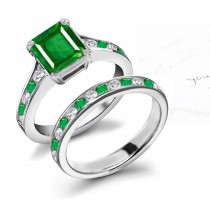 Solitaire Square Natural Emerald & Round Emerald & Diamond Ring & Band in Gold Start $3000