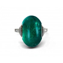 Edwardian, Belle Epoque, Platinum, Crystal Green, Bright, Deeply Saturated Emerald Cabochon