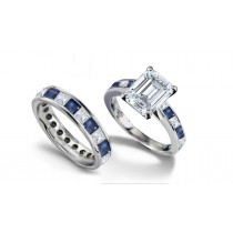 Emerald Cut Diamond & Square Blue Sapphire Ring & Matching Wedding Band