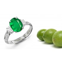 3 Stone Ring with Center Oval Emerald & Brilliant Round Diamonds side stones