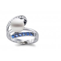 Diamond, Sapphire, & Pearl Bypass Ring with 7 mm Natural Pearl and 0.50 cts