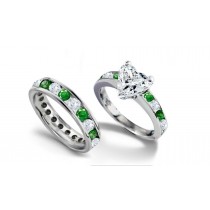 Heart Diamond & Emerald Engagement Ring & Diamond Wedding Band
