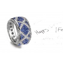 Micropavee Blue Sapphire & Openwork Band with Rhomboid Diamond Frame