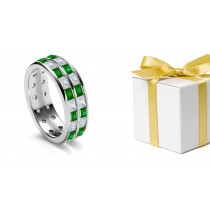 Two Gold Rings: Sparkling & Shining Princess Cut Diamond Square Emerald 2 Row Gold Eternity Band