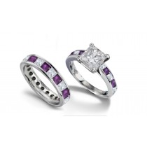 Princess Cut Diamond & Purple Sapphire Engagement Ring and Matching Band