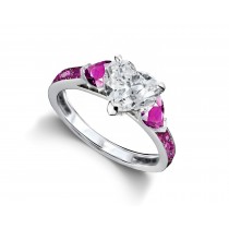 Heart Diamond & Purple Sapphire Three Stone Engagement Ring With Side Accents