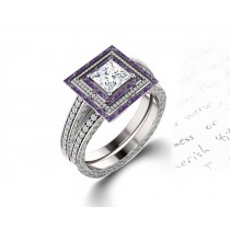 Delicate Micro Pave Halo Vivid Purple Sapphires & Brilliant-Cut Round Diamonds Designer Engagement Rings