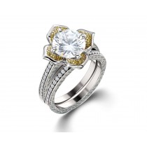 Delicate Micro Pave Halo Vivid Flower Yellow Sapphires & Brilliant-Cut Round Diamonds Designer Engagement Rings