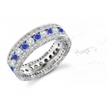 6 mm Wide Triple Stacked Blue Sapphire & Diamond Wedding Gold Band