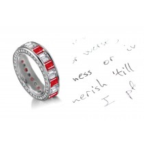Emerald Cut Diamond & Ruby Channel Set Band with Diamond Adorned Sides