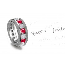 6mm Wide Diamond & Ruby Band Embossed with Floral Scrolls & Motifs in Platinum & 14k Gold