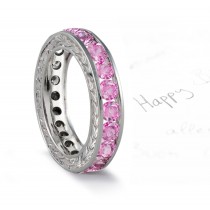 Pink Sapphire Engraved Wedding Bands