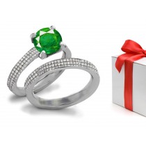 Various Sizes and Styles: Charming French Pave' Fine Emerald Stones & Diamond Ring in 14k White Gold