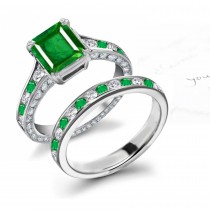 18k Signature Solitaire Square Emerald & Diamond & Emerald Halo Ring & Studded Band