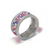 Delicate Women's Eternity Rings Featuring Multi-Colored Diamonds and Gemstones in Halo Precision Micro pave Settings