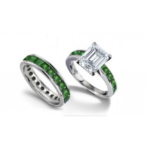 Emerald Cut Diamond & Square Emerald Ring & Matching Wedding Band