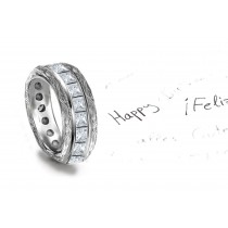 Shimmer: Princess Cut Diamonds Twinkle in Vintage Platinum Band Flourished with Scrolls