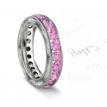 Pink Sapphire Engraved Wedding Bands