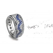 Micropaveed Blue Sapphire & Diamond Special Design Flowing Wave Band