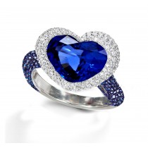 Ring with Heart Blue Sapphire & Pave Set Blue Sapphires & White Diamonds in Gold or Platinum