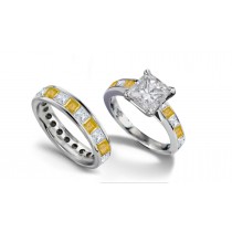 Princess Cut Diamond & Yellow Sapphire Engagement Ring & Band in Size 3 to 8