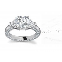 Three Stone Heart Diamond Engagement Halo Ring in Platinum & White Gold