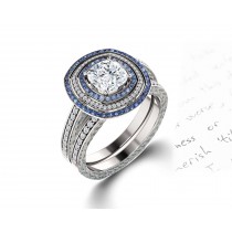 Delicate Micro Pave Halo Vivid Blue Sapphires & Brilliant-Cut Round Diamonds Designer Engagement Rings