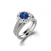 Delicate Micro Pave Halo Vivid Flower Blue Sapphires & Brilliant-Cut Round Diamonds Designer Engagement Rings