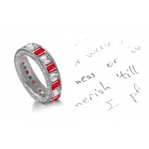 Emerald Cut Diamond & Ruby Channel Set Band with Engraved Sides