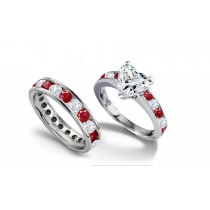 Heart Diamond atop Ruby Engagement Ring & Ruby Diamond Gold Band