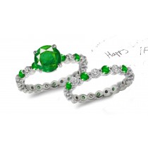 Fancy Shapes: True Genuine Round Emerald & Diamond Three-Stone Ring in 14k White Gold & Platinum 2.55 ct