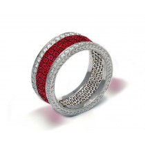 Delicate Women's Eternity Rings Featuring Fiery Red Rubies & Diamonds in Halo Precision Micro pave Settings