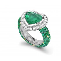 Handcrafted Heart Emerald & Micro Pave Diamond Halo Ring