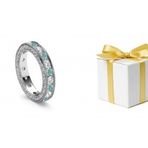 Pure Love: Endless Circle of White Green Diamonds Adorned with Fine Engraving on Band Sides