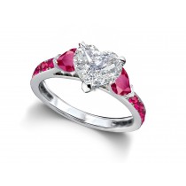 Heart Diamond & Ruby Three Stone Engagement Ring With Side Accents