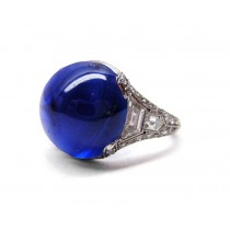 Edwardian, French, Belle Epoque, Luscious, Deeply Saturated, Sapphire Cabochon Ring Flanked with Trapezoid