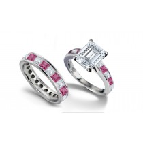 Emerald Cut Diamond & Square Pink Sapphire Ring & Matching Wedding Band