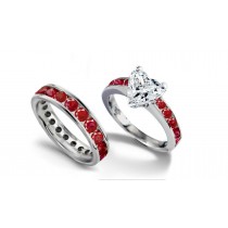 Heart Diamond atop Ruby Engagement Ring & Ruby Matching Gold Band