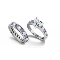 White & Puple Diamond Wedding Eternity Band & Matching Engagement Ring with Heart Diamond atop Purple Diamond Band